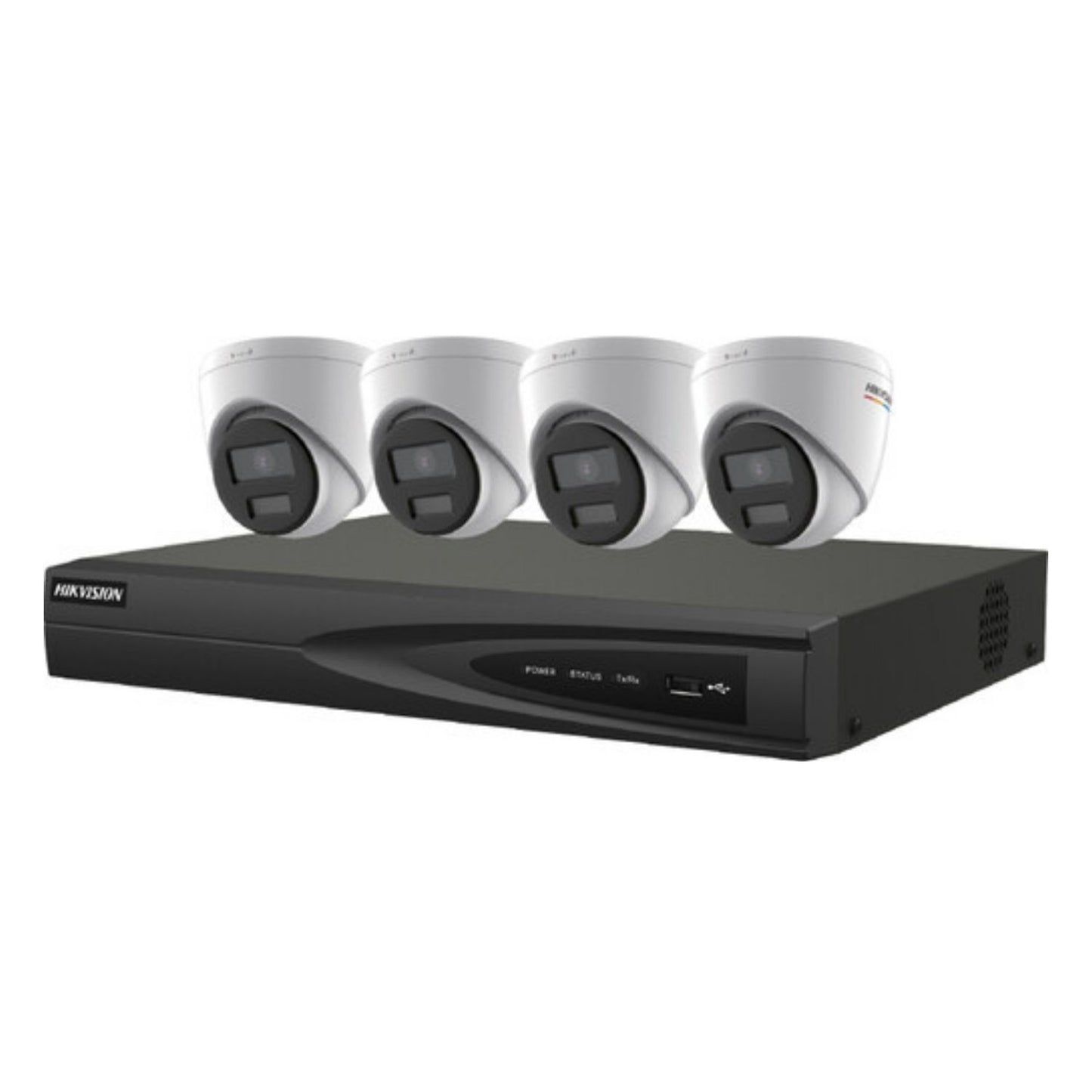 EKI-K41T44C - Kit IP ColorVu 5 pièces Hikvision Value Express Series, (4) caméra IP tourelle DS-2CD1347G2-LUF 4MP, objectif 2,8 mm, blanc, (1) ERI-K104-P4 4K NVR 4 canaux, disque dur 1 To , Noir