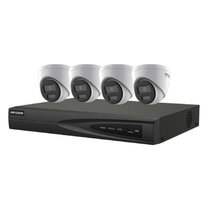 EKI-K41T44C - Kit IP ColorVu 5 pièces Hikvision Value Express Series, (4) caméra IP tourelle DS-2CD1347G2-LUF 4MP, objectif 2,8 mm, blanc, (1) ERI-K104-P4 4K NVR 4 canaux, disque dur 1 To , Noir