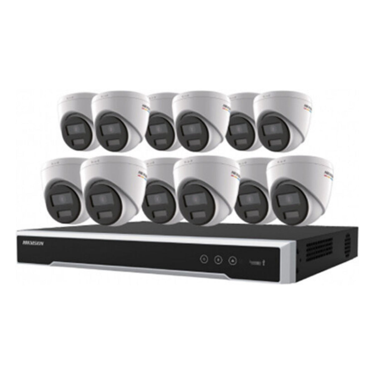 EKI-K164T412C - Kit IP ColorVu 13 pièces Hikvision Value Express Series, (12) caméras IP tourelle DS-2CD1347G2-LUF 4MP, objectif 2,8 mm, blanc, (1) ERI-K216-P16 4K NVR 16 canaux, disque dur 4 To , Noir