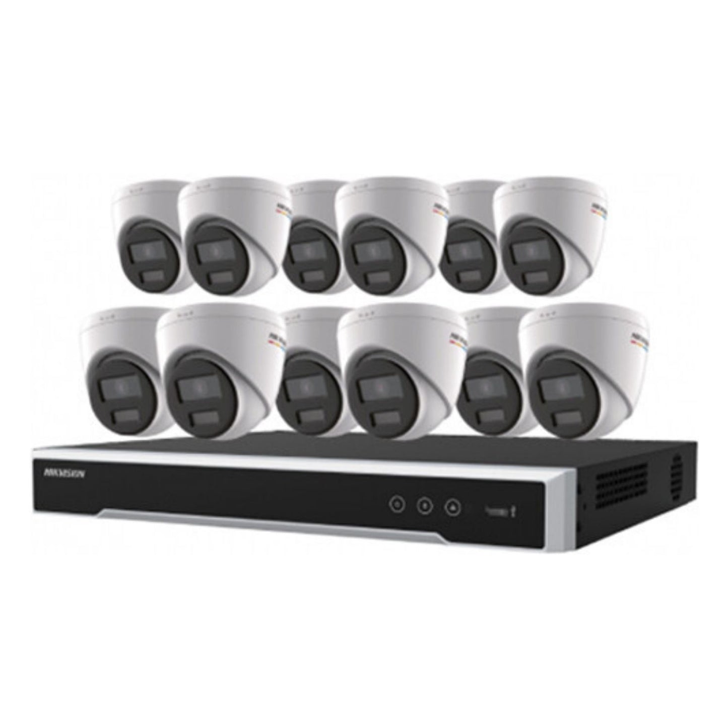 EKI-K164T412C - Hikvision Value Express Series ColorVu 13-Piece IP Kit, (12) DS-2CD1347G2-LUF 4MP Turret IP Cameras, 2.8mm Lens, White, (1) ERI-K216-P16 4K 16-Channel NVR, 4TB HDD, Black