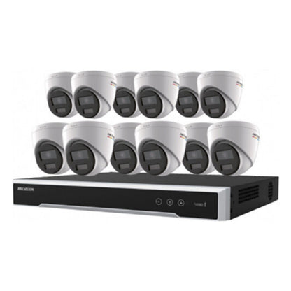 EKI-K164T412C - Hikvision Value Express Series ColorVu 13-Piece IP Kit, (12) DS-2CD1347G2-LUF 4MP Turret IP Cameras, 2.8mm Lens, White, (1) ERI-K216-P16 4K 16-Channel NVR, 4TB HDD, Black