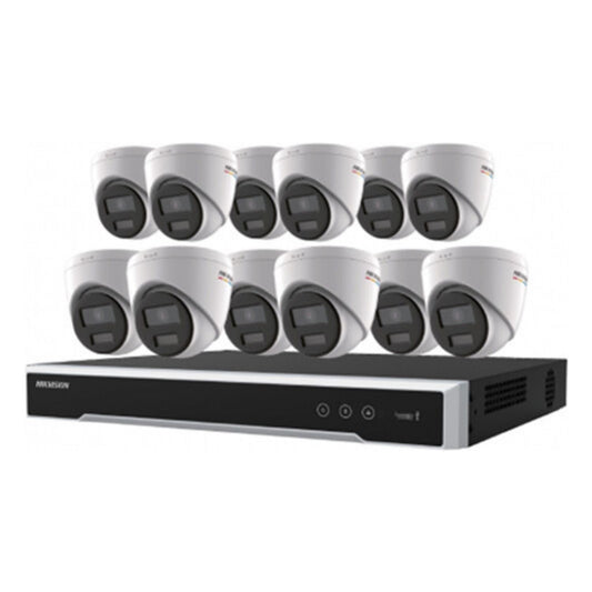 EKI-K164T412C  -  Hikvision Value Express Series ColorVu 13-Piece IP Kit, (12) DS-2CD1347G2-LUF 4MP Turret IP Cameras, 2.8mm Lens, White, (1) ERI-K216-P16 4K 16-Channel NVR, 4TB HDD, Black
