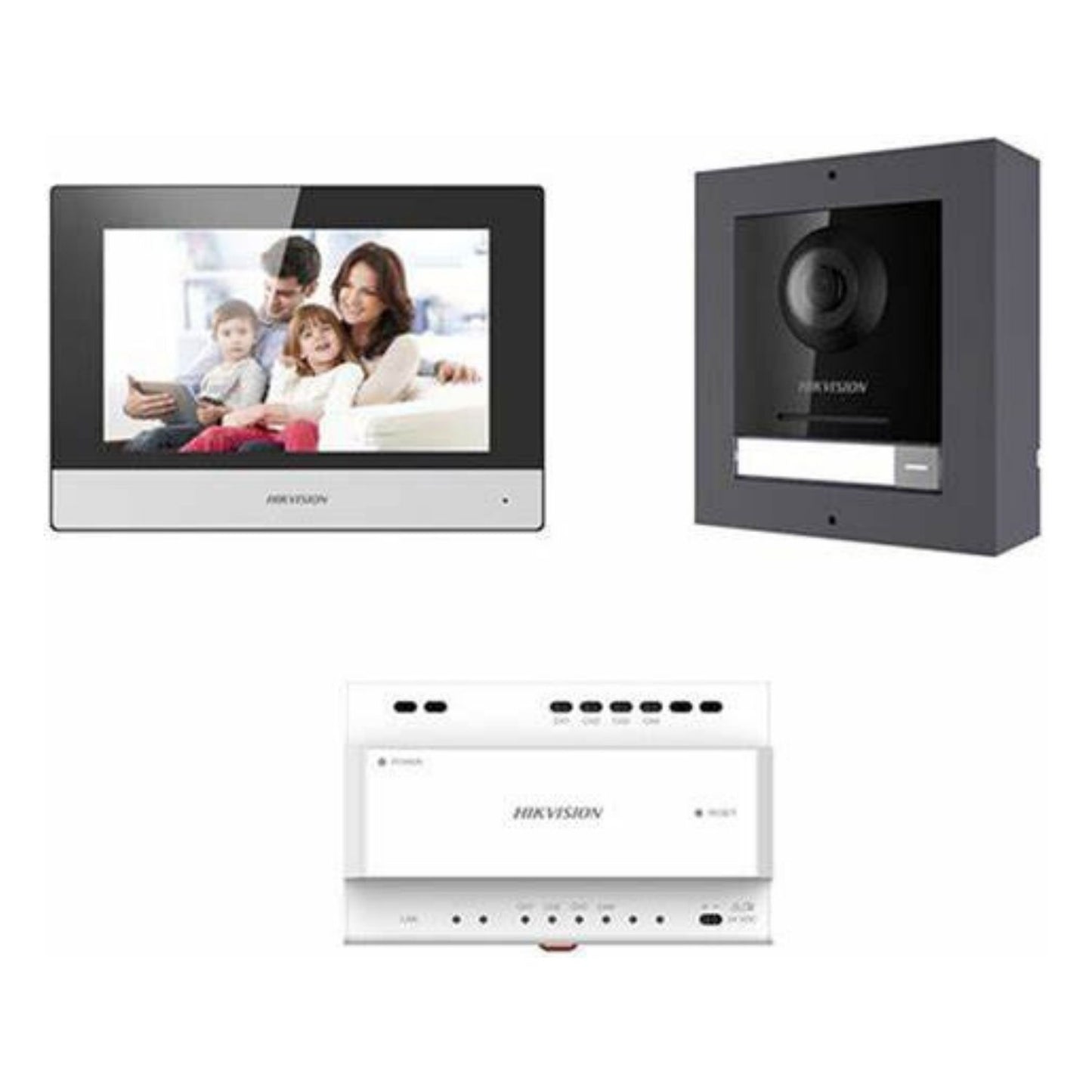 DS-KIS702-P - Kit d'interphone vidéo IP à deux fils Hikvision 2MP HD, 4 pièces, comprenant (1) DS-KD8003-IME2, (1) DS-KH6320-WTE2, (1) DS-KAD704, (1) DS -KD-ACW1