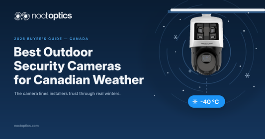 Best outdoor security cameras for Canadian weather — 2026 buyer's guide with a Hikvision TandemVu PTZ camera in falling snow