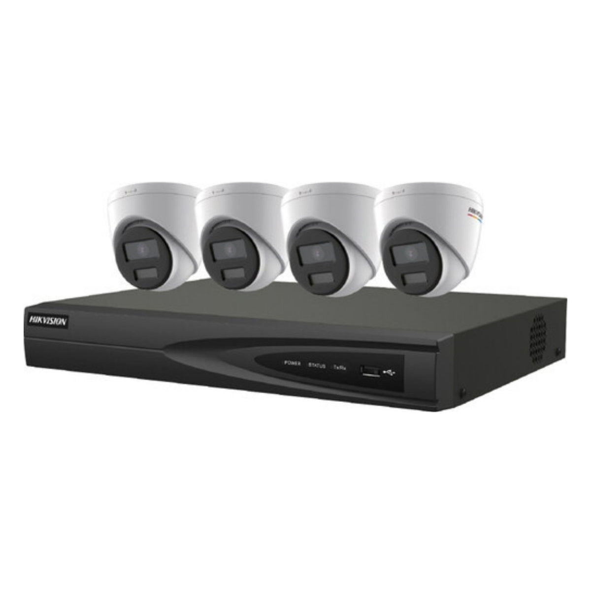 EKI-K41T44C - Kit IP ColorVu 5 pièces Hikvision Value Express Series, (4) caméra IP tourelle DS-2CD1347G2-LUF 4MP, objectif 2,8 mm, blanc, (1) ERI-K104-P4 4K NVR 4 canaux, disque dur 1 To , Noir