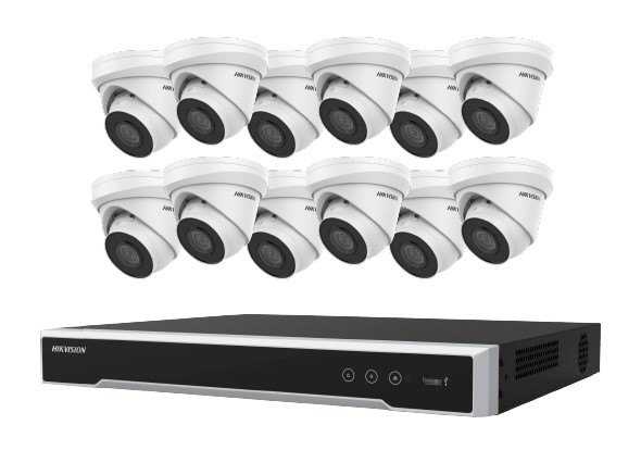 EKI-K164T412C - Kit IP ColorVu 13 pièces Hikvision Value Express Series, (12) caméras IP tourelle DS-2CD1347G2-LUF 4MP, objectif 2,8 mm, blanc, (1) ERI-K216-P16 4K NVR 16 canaux, disque dur 4 To , Noir